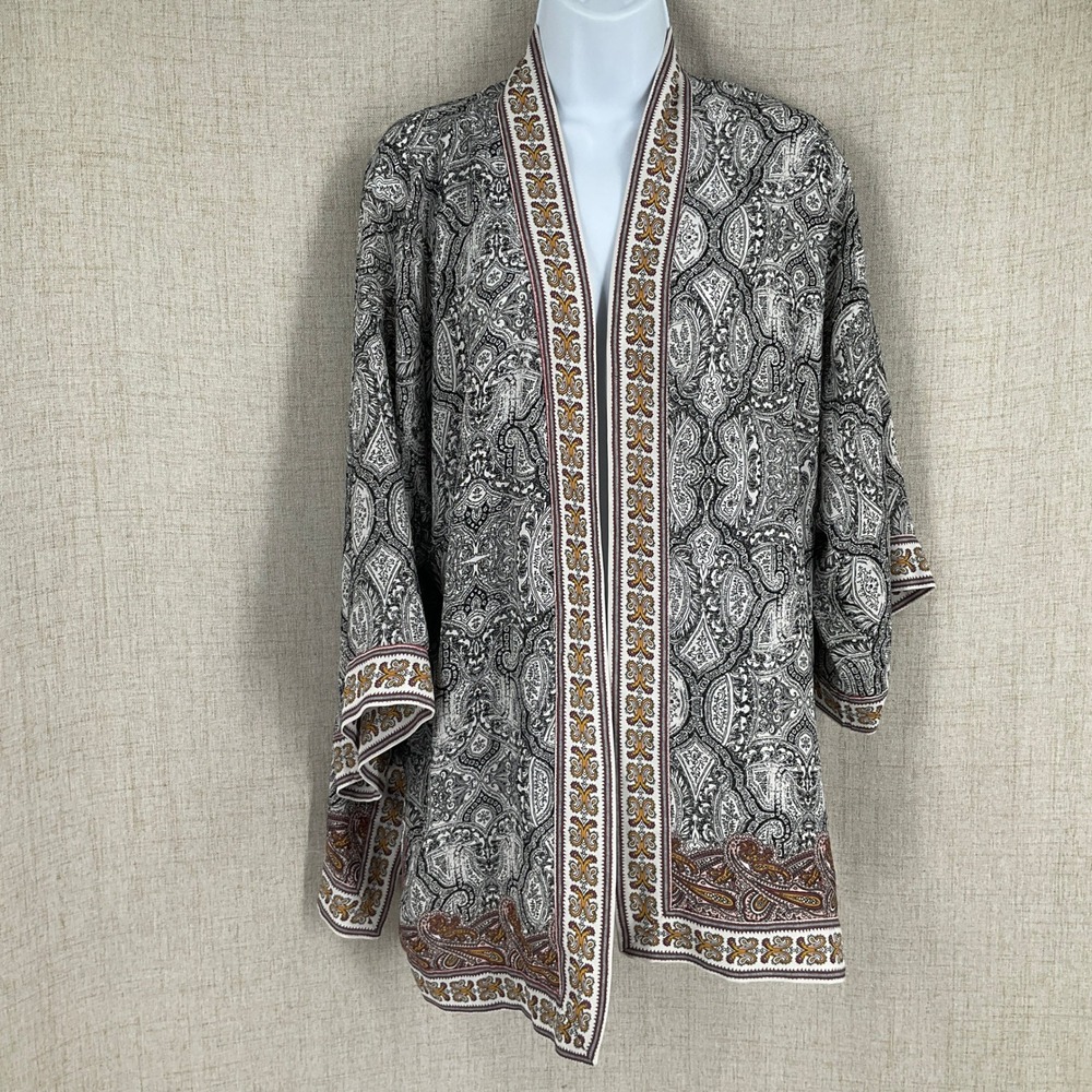 Max Studio Kimono Cardigan Womens M Black White Paisley Bohemian Airy Resort